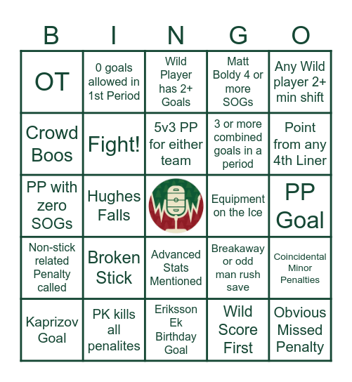 Wild vs Flames 1/29/26 Bingo Card
