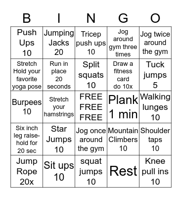 Fitness Bingo  Bingo Card