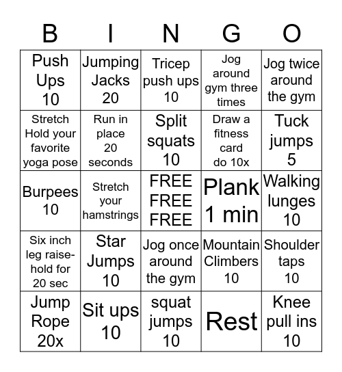 Fitness Bingo  Bingo Card