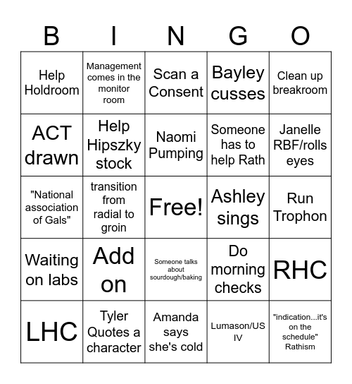 Cath Lab Bingo Card