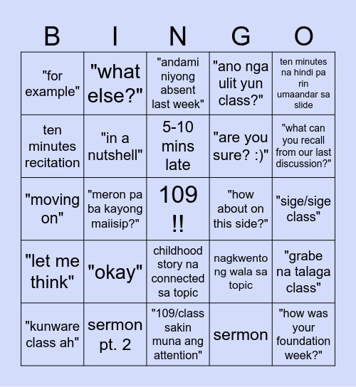 Tuesday/Thursday Bingo! Bingo Card