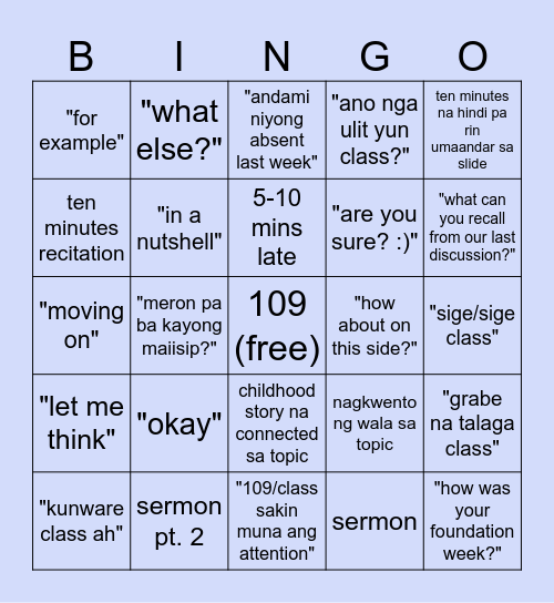Tuesday/Thursday Bingo! Bingo Card