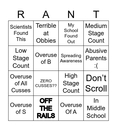 Roblox Rants Bingo Card
