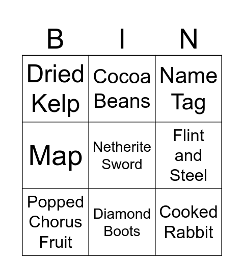 Minecraft Items Bingo Card