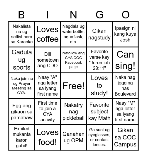 CYA COC Human Bingo Card