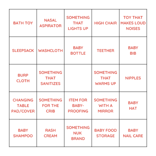Baby Shower Gift BINGO Card