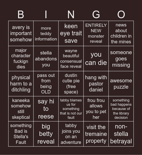 Scarlet Hollow Chapter 5 Bingo Card