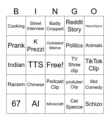 Youtube Shorts Bingo Card