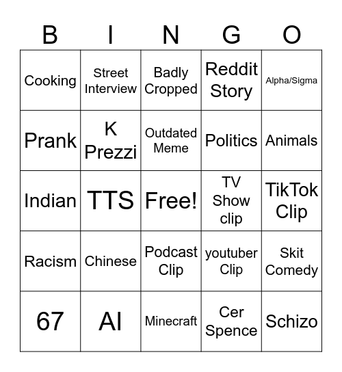 Youtube Shorts Bingo Card