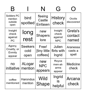 A Totally Normal Sleepover [Critical Role 4.13] Bingo Card
