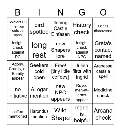 A Totally Normal Sleepover [Critical Role 4.13] Bingo Card