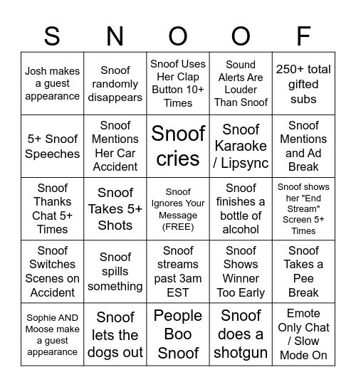 Snoof Awards Stream Bingo Card