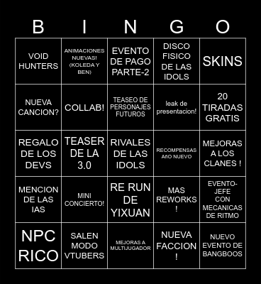 Livestream 2.6 Bingo Card