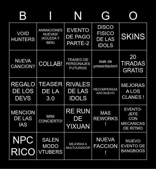 Livestream 2.6 Bingo Card