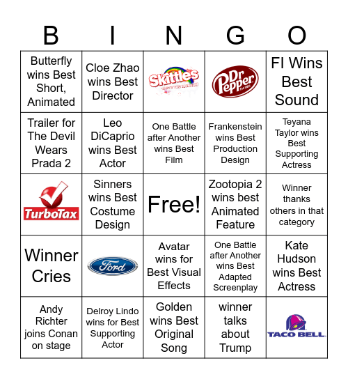 98th Academy Awards Bingo Card