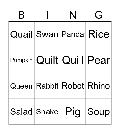 PQRS Words Bingo Card