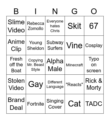 Youtube Shorts Bingo Card