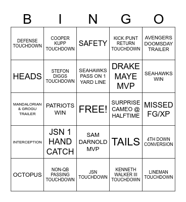 Super Bowl 2026 Bingo Card