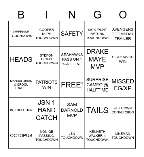 Super Bowl 2026 Bingo Card