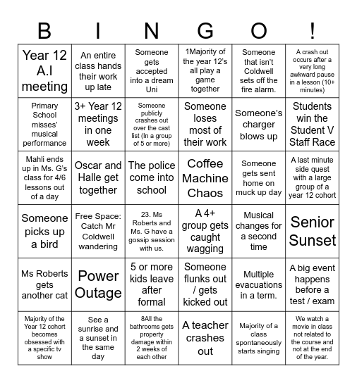 2026 Year 12 Bingo Card