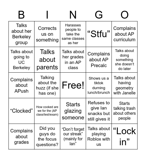 Ava’s Bingo Card