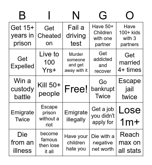 Bitlife Bingo V1 Bingo Card