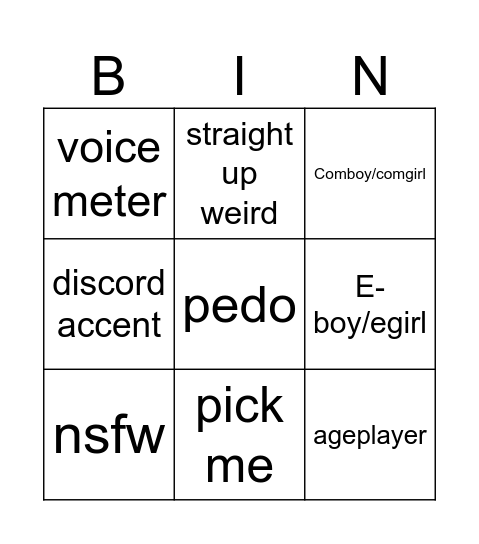 Roblox vr chat bingo Card