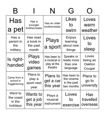 Student Bingo Card