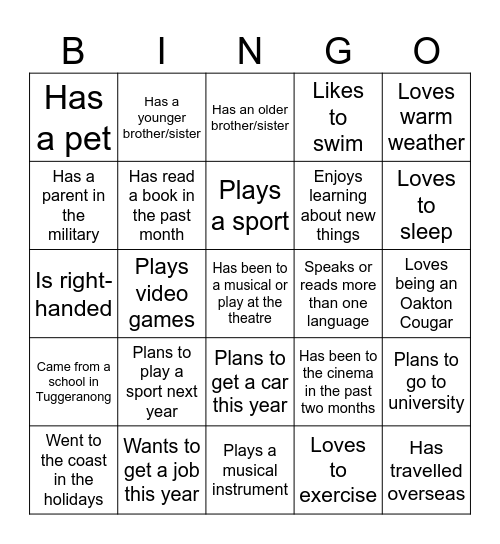 Student Bingo Card