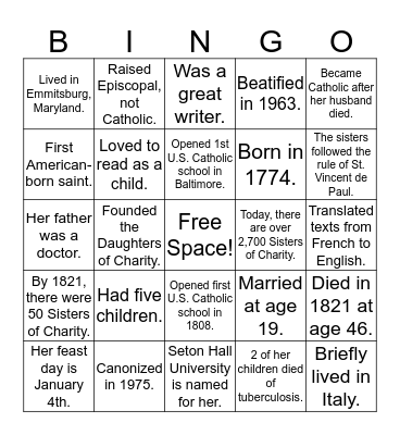 The Life of St. Elizabeth Ann Seton Bingo Card