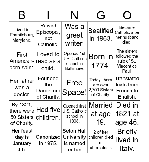 The Life of St. Elizabeth Ann Seton Bingo Card