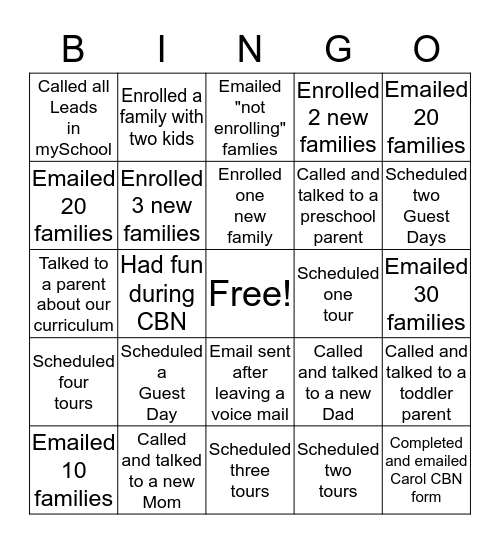 Call Back Night Bingo Card