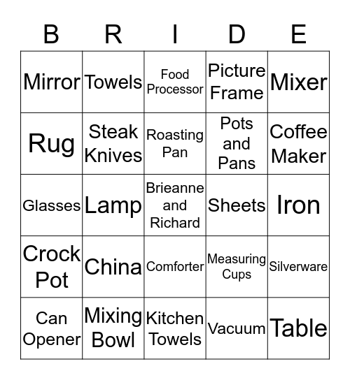 Brieanne's Bridal Shower Bingo Card