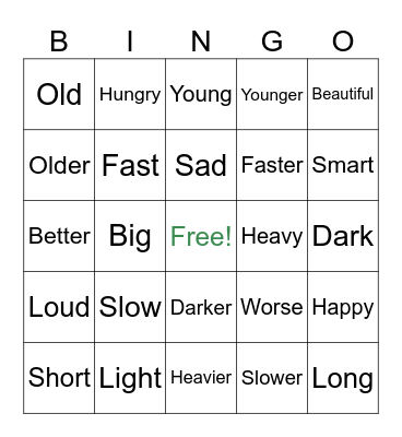 Adjective Bingo Card