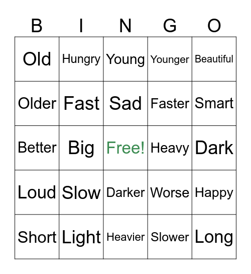 Adjective Bingo Card