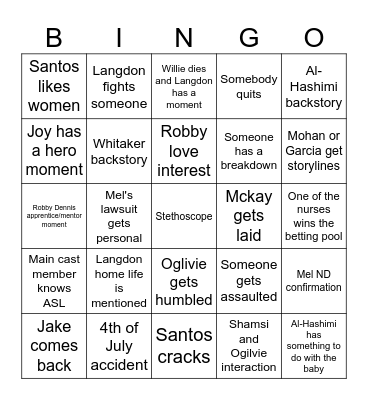 The Pitt S2 Bingo Card