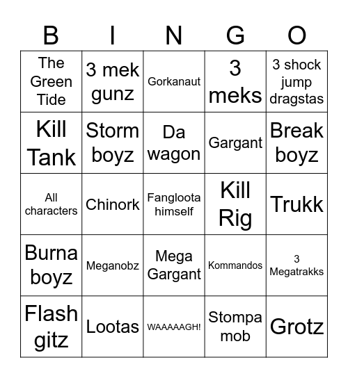Orks Bingo Card