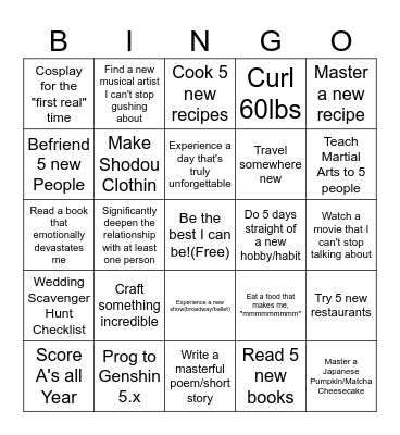 Drew 2026 Bingo Card