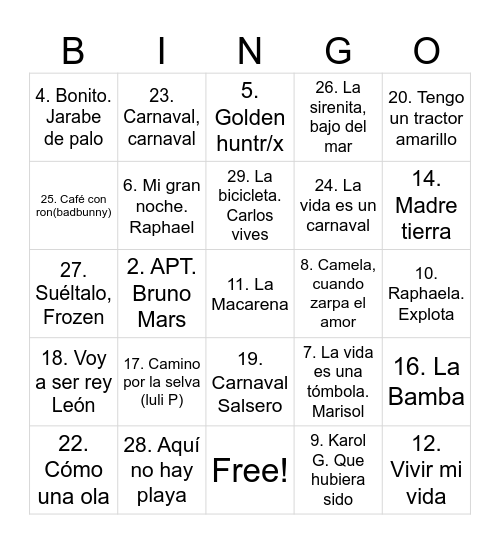 BINGO MUSICAL Bingo Card
