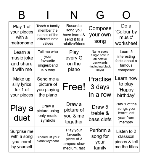 Piano Bingo Card