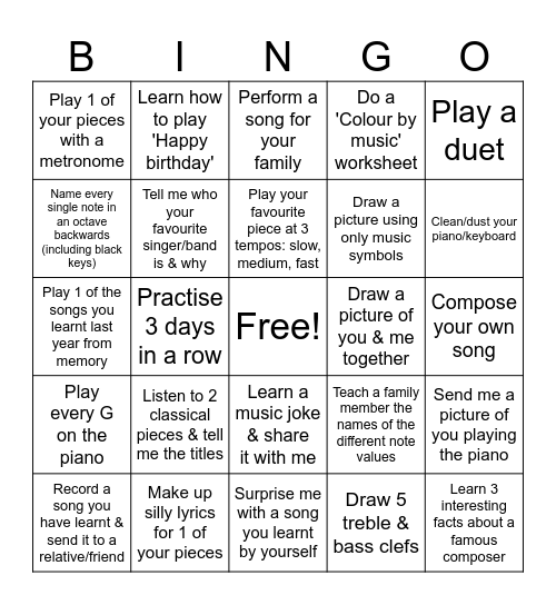 Piano Bingo Card