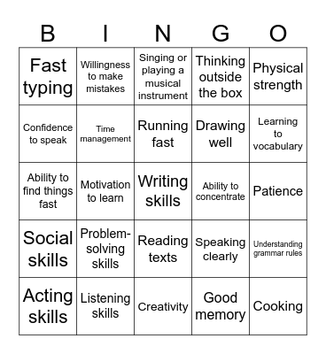Skills and abilities Bingo Card