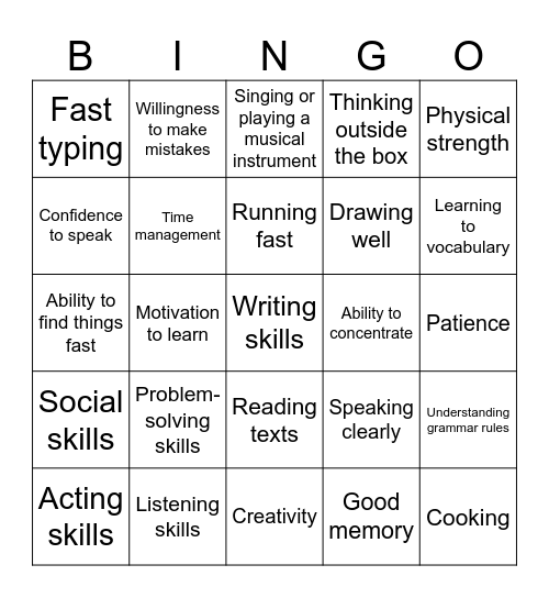 Skills and abilities Bingo Card