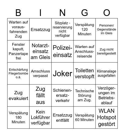 Bahn fahren Bingo Card
