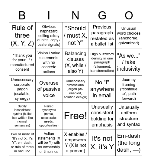 Copilot email slop bingo Card