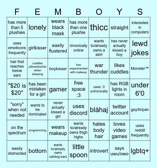 Ultimate Femboy Bingo Card