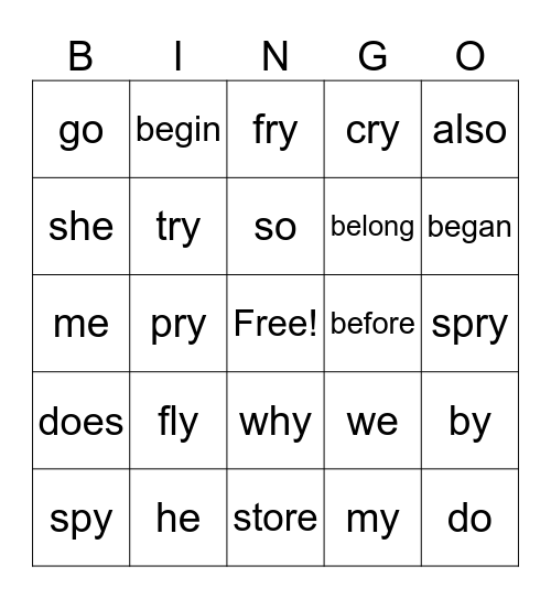 Open Syllable BINGO Card