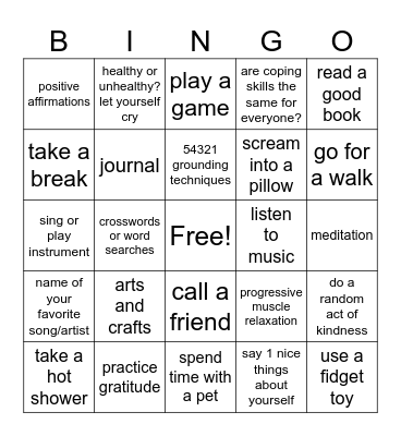 coping skill bingo Card