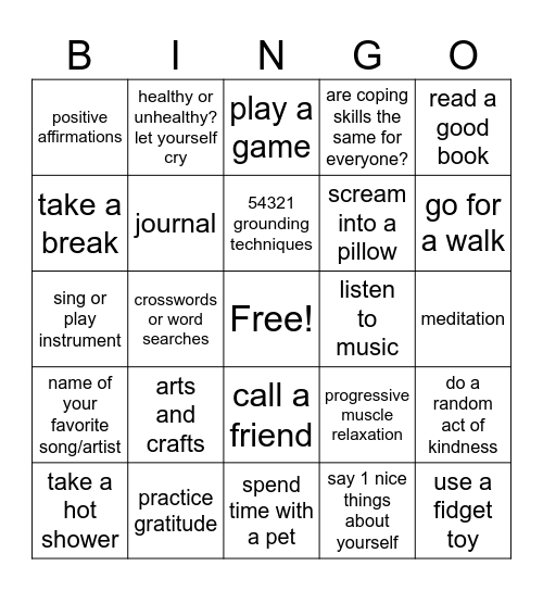 coping skill bingo Card