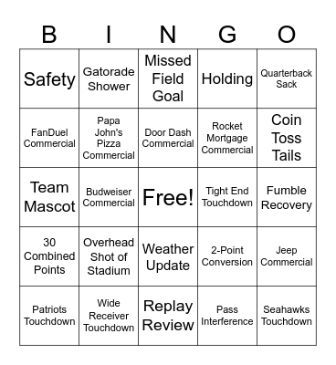 Super Bowl 60 Bingo Card